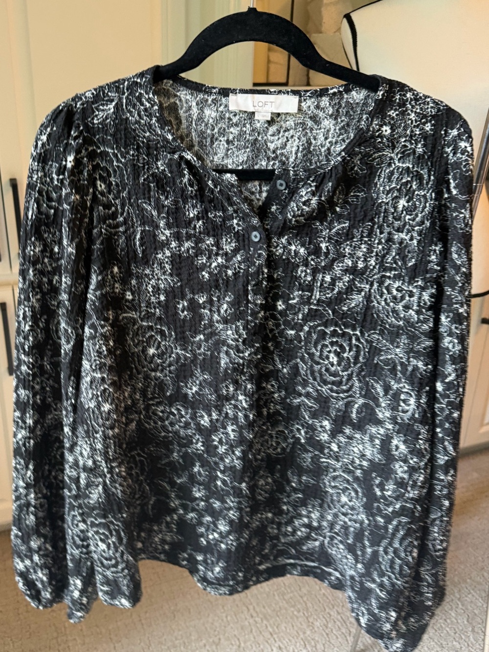 LOFT Black and White Floral Button-Front Henley Blouse